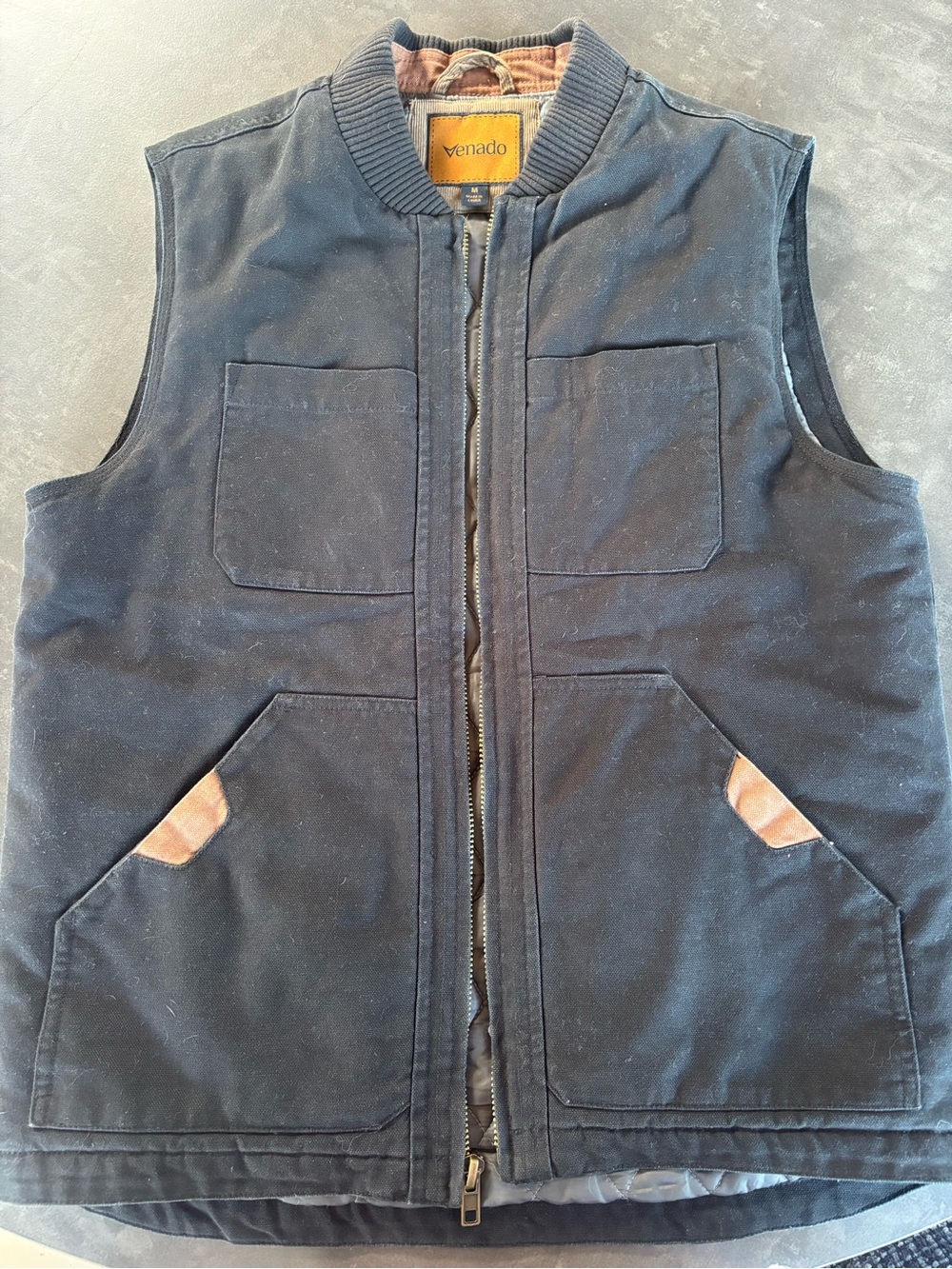 Men's Navy Quilted Work Vest with Tan Pocket Accents